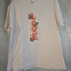 White T-Shirt with Love and Butterfly Design Size Large